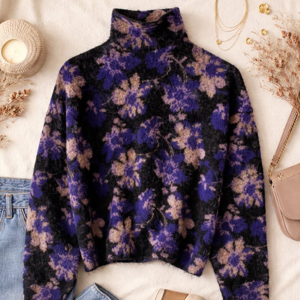 MAJE Mohair Wool Blend Fuzzy Knit Floral Turtleneck Sweater Black Purple